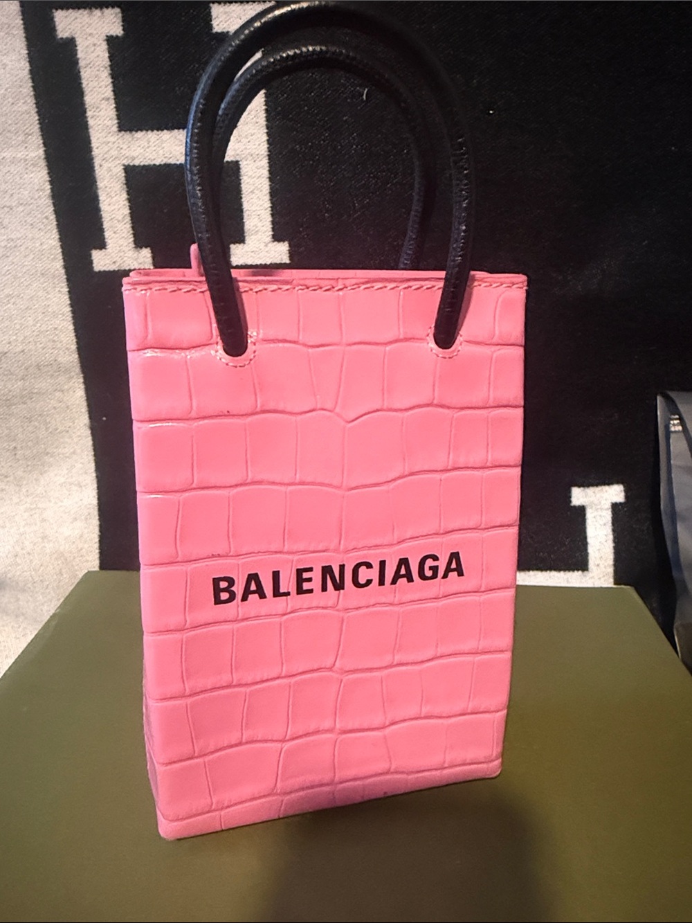 Balenciaga Pink Croc-Embossed Mini Tote with Black Handles